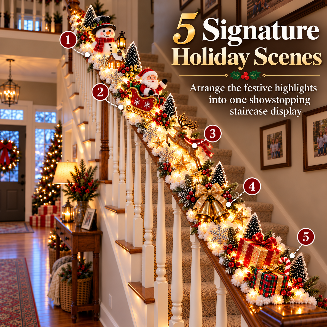 🎅 Santa's Sleigh Snowy Stair Railing Decor | Pre-Lit Christmas Banister Garland