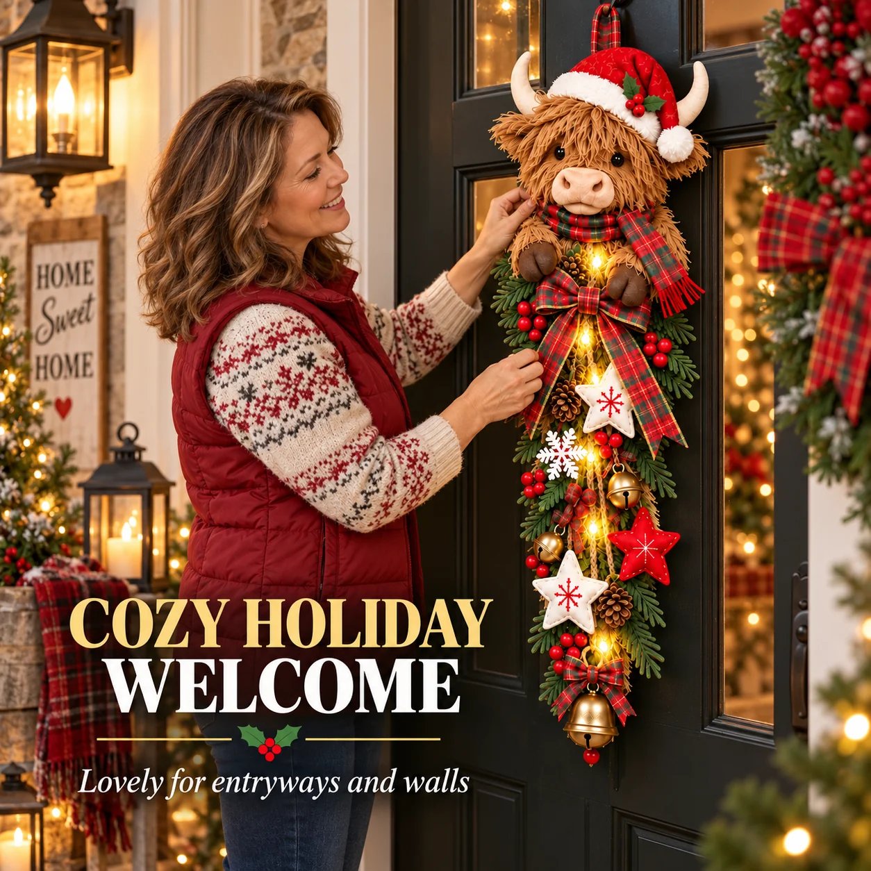 Highland Cow Christmas Door Swag Lifestyle Display