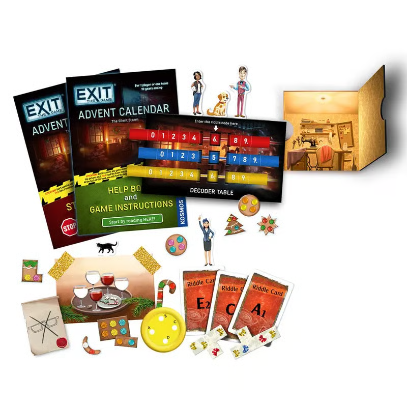 Advent calendar puzzle components, riddle cards and decoder