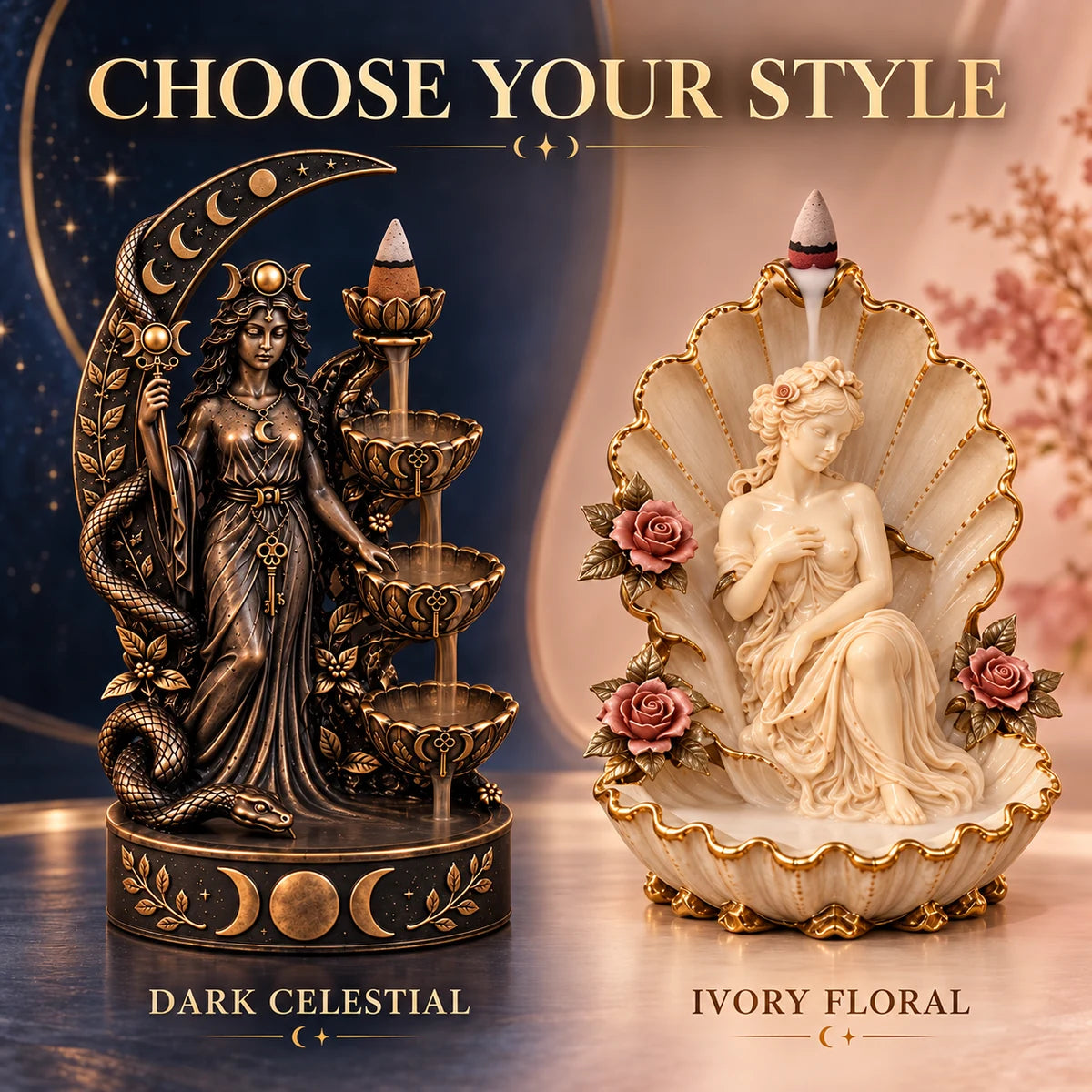 Dark celestial and ivory floral backflow incense burner styles