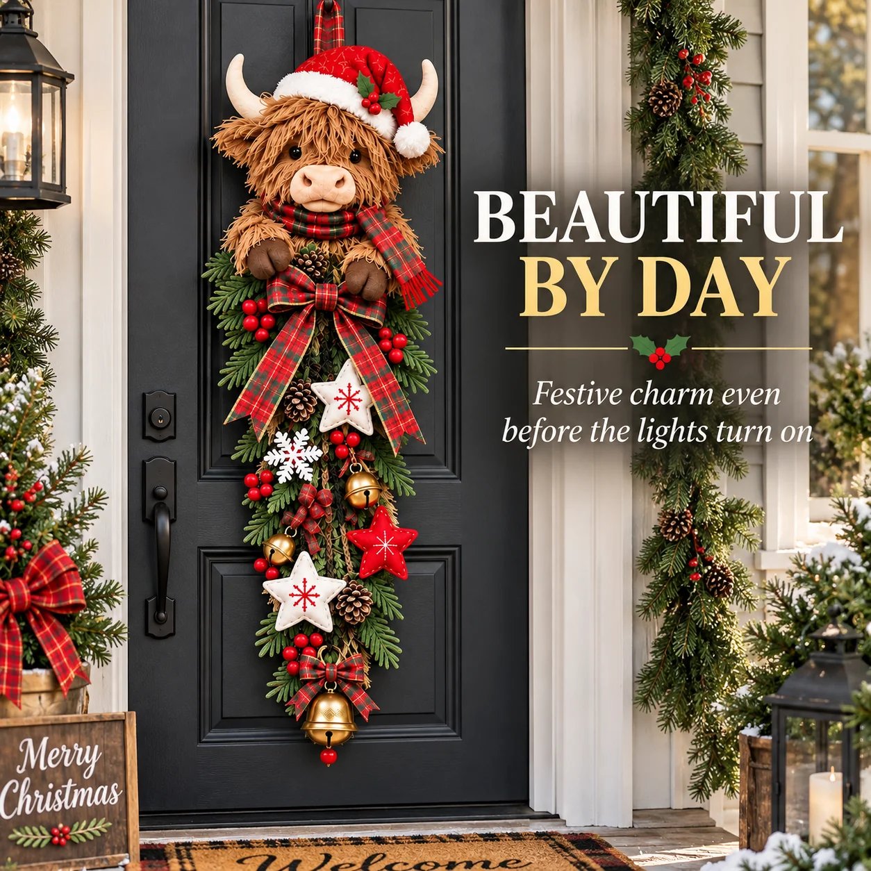 Highland Cow Christmas Door Swag Daytime View