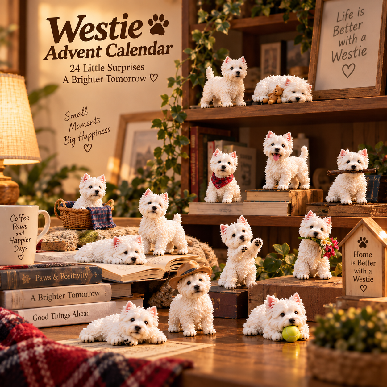 Westie figurines displayed on desk and bookshelf