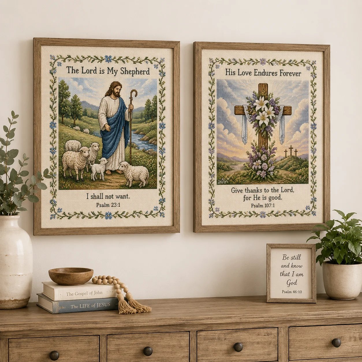 Christian cross stitch displayed as meaningful home decor