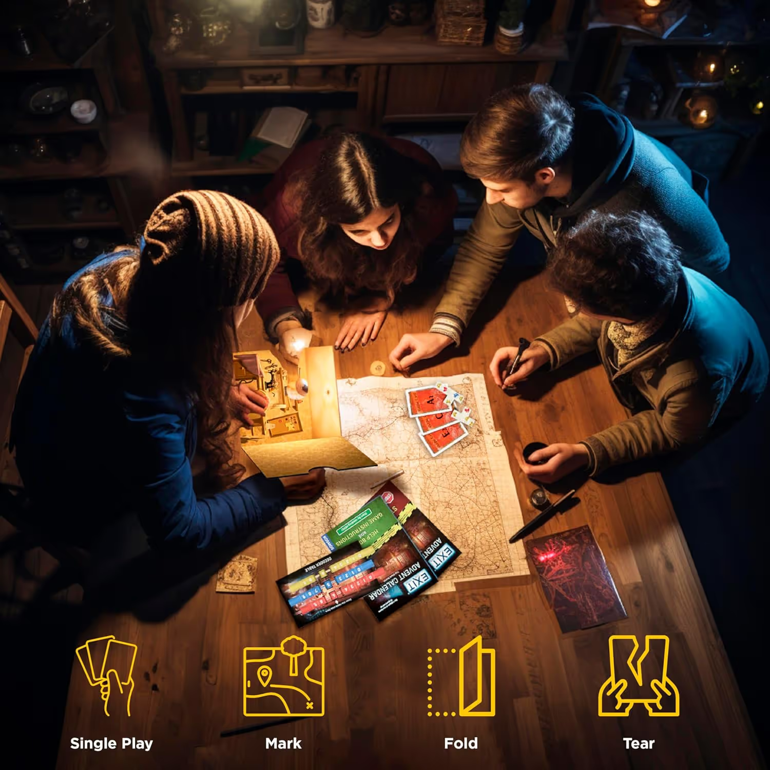 Family and friends solving the escape room puzzle together