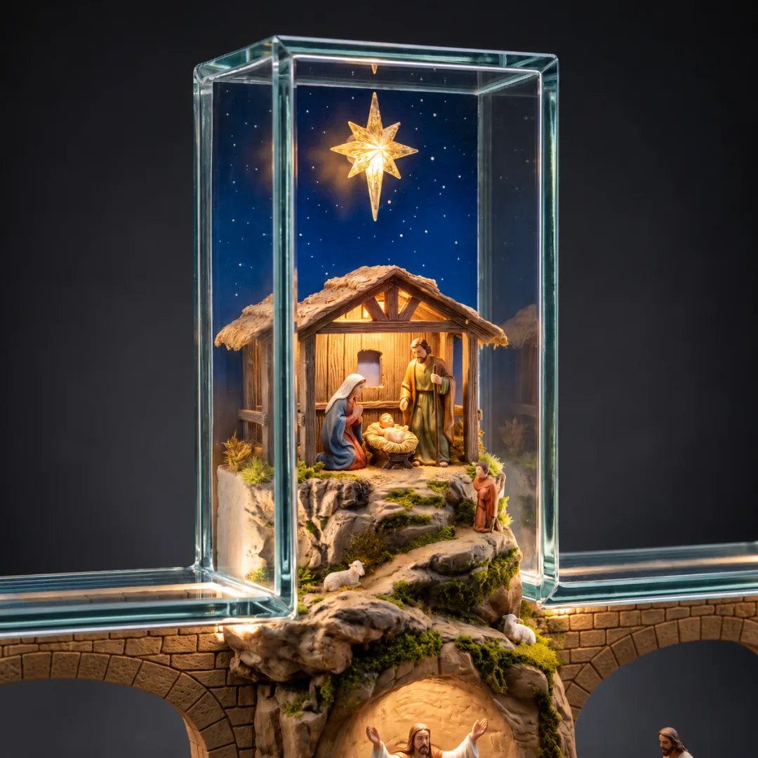 Nativity scene inside the illuminated Jesus cross