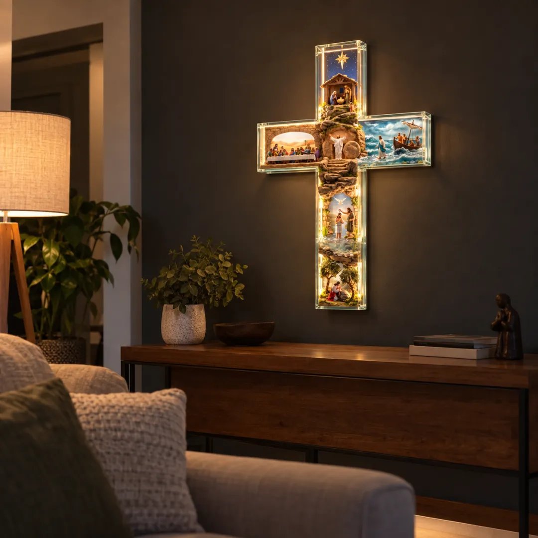 Illuminated Story of Jesus cross displayed on wall