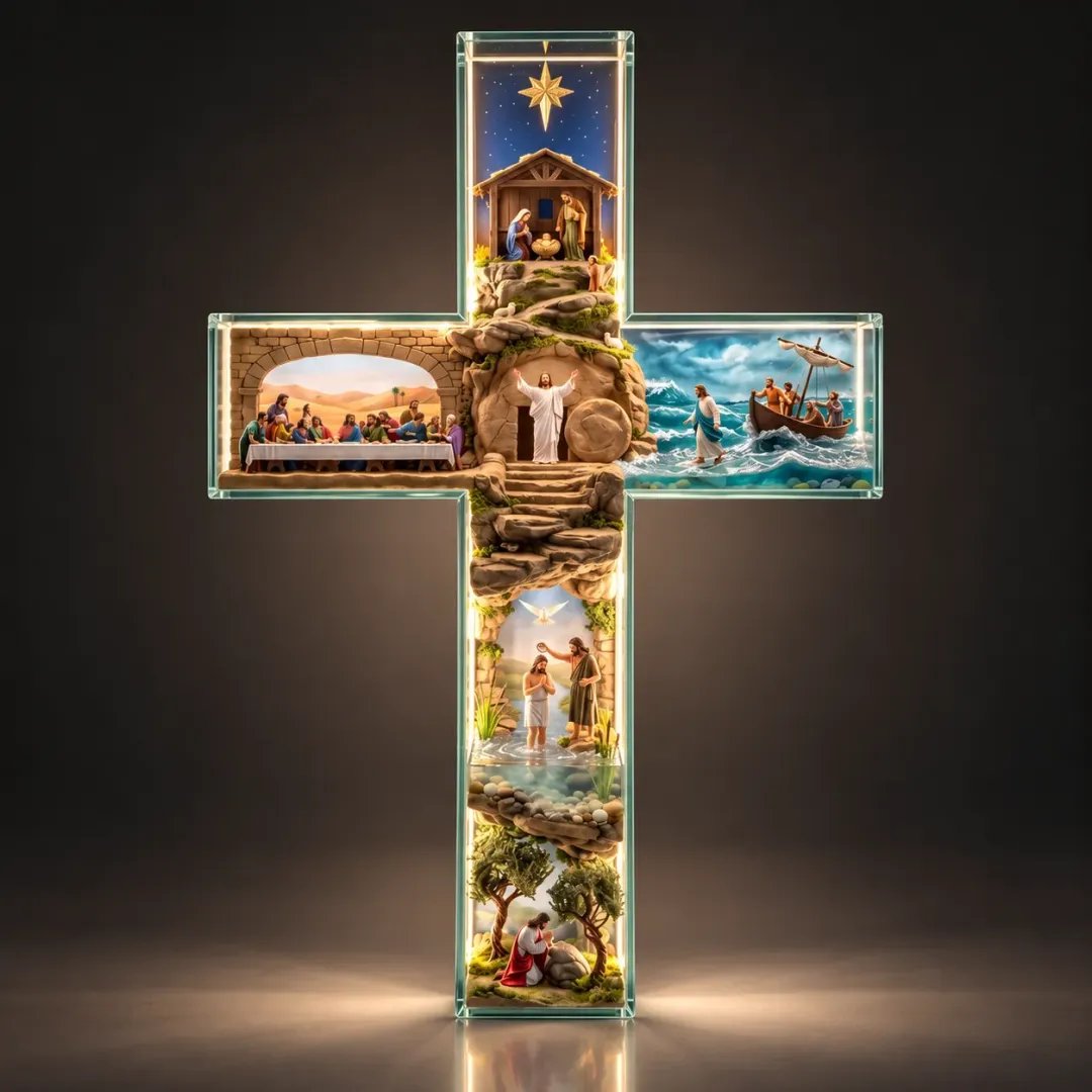 Illuminated Story of Jesus Cross with six detailed scenes