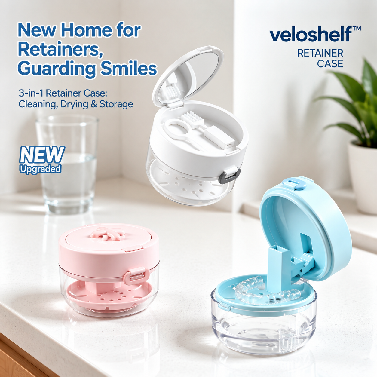 Veloshelf™4-in-1 Retainer Cleaning & Travel Case – Soaking Container with Drain Tray, Mirror & Brush for Aligners, Dentures & Mouthguards 🦷