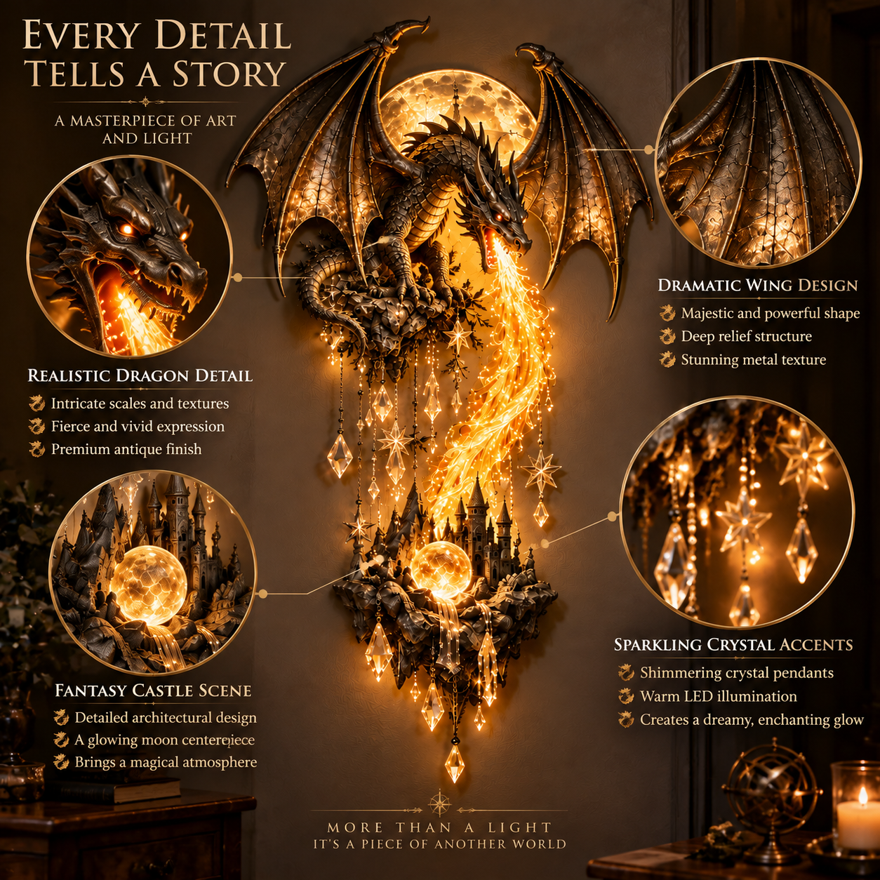  🐉 Dragonfire Moonlight Wall Lamp | Enchanted Fantasy Castle Decor 🌙