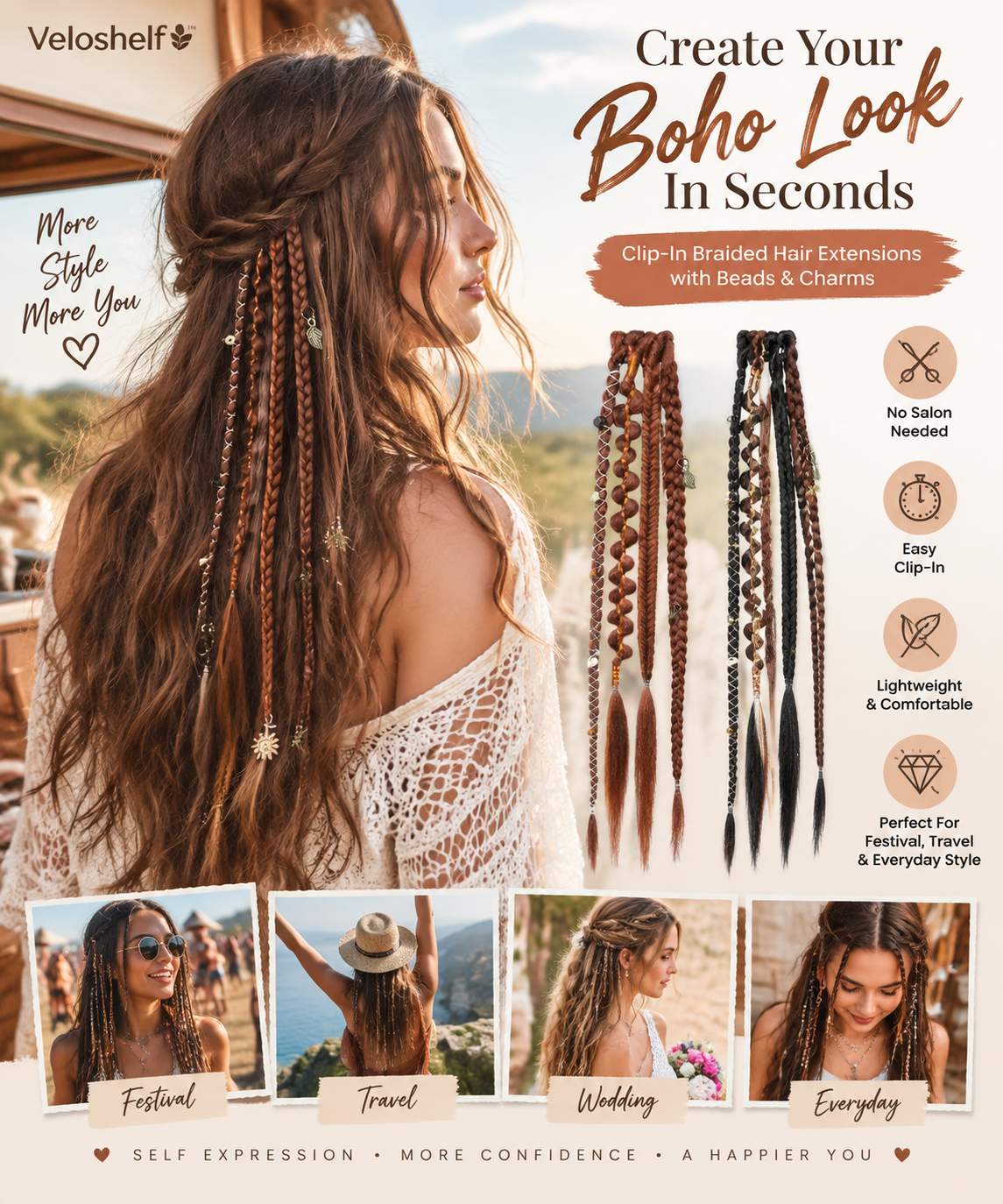 [Copy]🌿 Boho Beaded Clip-In Braids – Effortless Festival & Everyday Hair Transformation