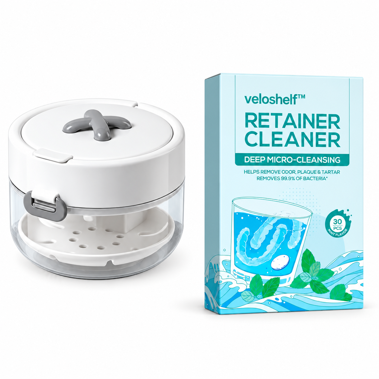 Veloshelf™4-in-1 Retainer Cleaning & Travel Case – Soaking Container with Drain Tray, Mirror & Brush for Aligners, Dentures & Mouthguards 🦷