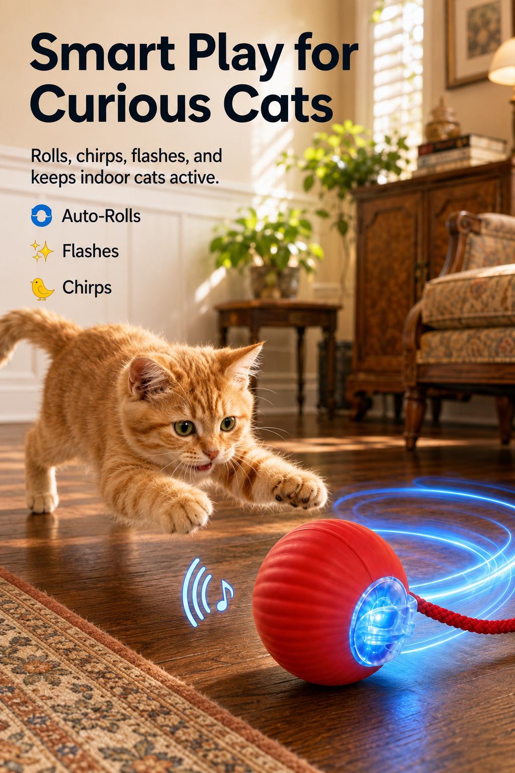 Interactive Cat & Small Dog Automatic Rolling Bouncing Ball Toy - USB-Rechargeable Motion-Sensing Smart Toy with Lighted Tail, Bird Chirping Sounds, Chew-Resistant for Indoor Play, Mental Stimulation Interactive Cat & Small Dog Automatic Rolling Bouncing Ball Toy - USB-Rechargeable Motion-Sensing Smart Toy with Lighted Tail, Bird Chirping Sounds, Chew-Resistant for Indoor Play, Mental Stimulation
