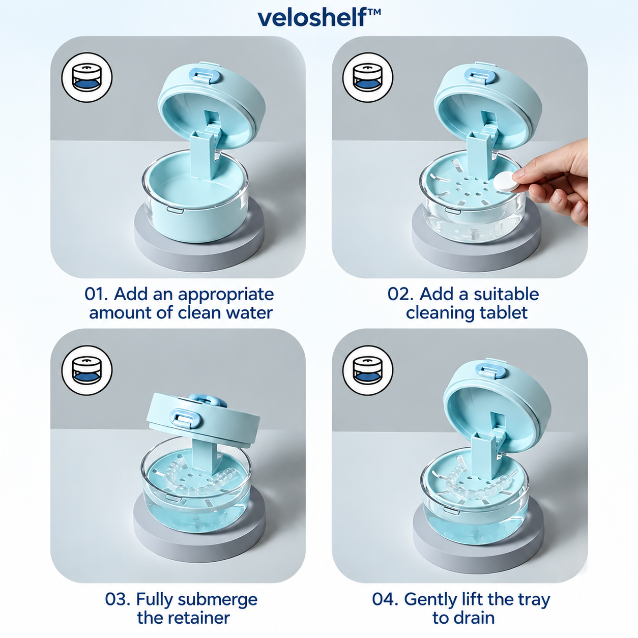 Veloshelf™4-in-1 Retainer Cleaning & Travel Case – Soaking Container with Drain Tray, Mirror & Brush for Aligners, Dentures & Mouthguards 🦷