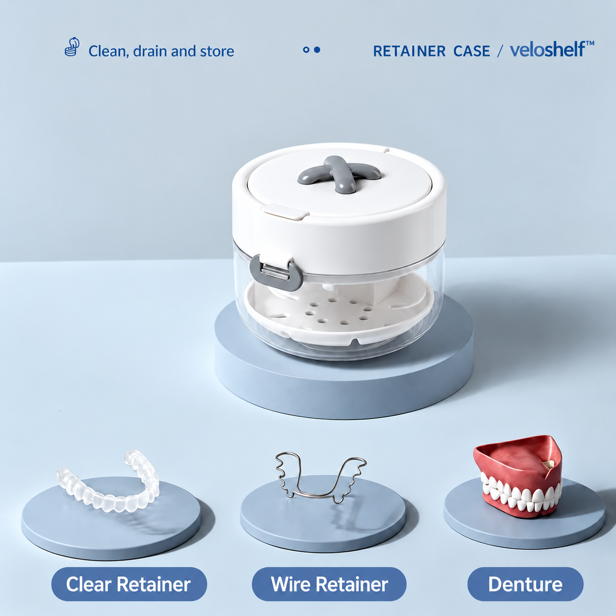 Veloshelf™4-in-1 Retainer Cleaning & Travel Case – Soaking Container with Drain Tray, Mirror & Brush for Aligners, Dentures & Mouthguards 🦷