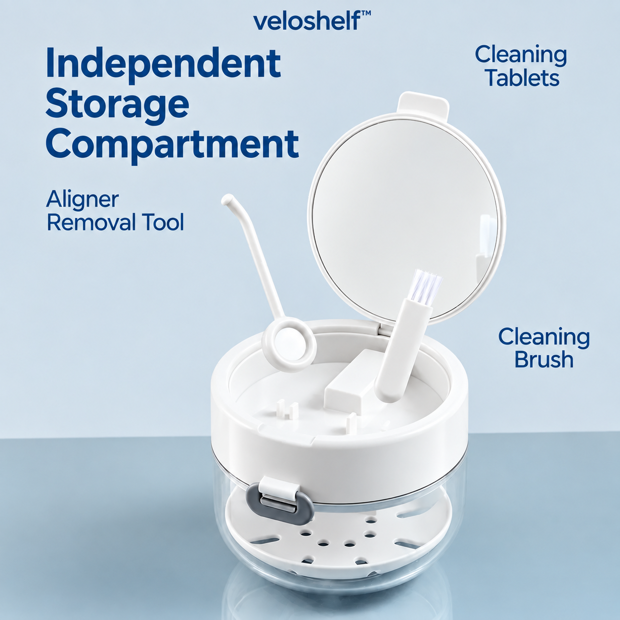 Veloshelf™4-in-1 Retainer Cleaning & Travel Case – Soaking Container with Drain Tray, Mirror & Brush for Aligners, Dentures & Mouthguards 🦷