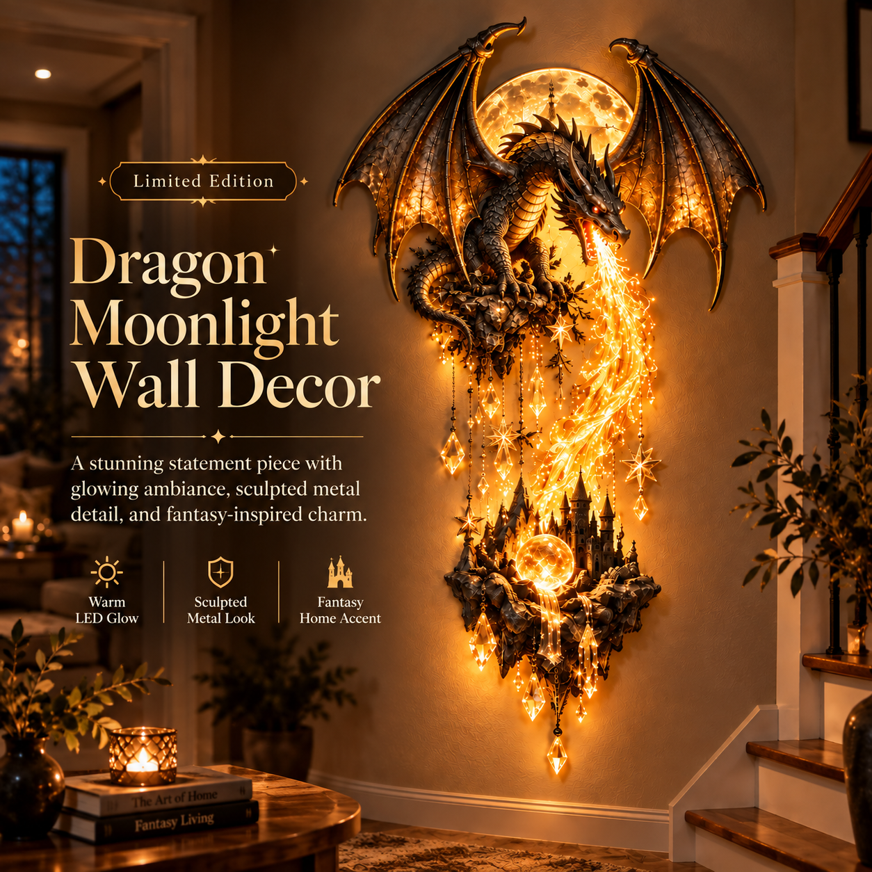 🐉 Dragonfire Moonlight Wall Lamp | Enchanted Fantasy Castle Decor 🌙