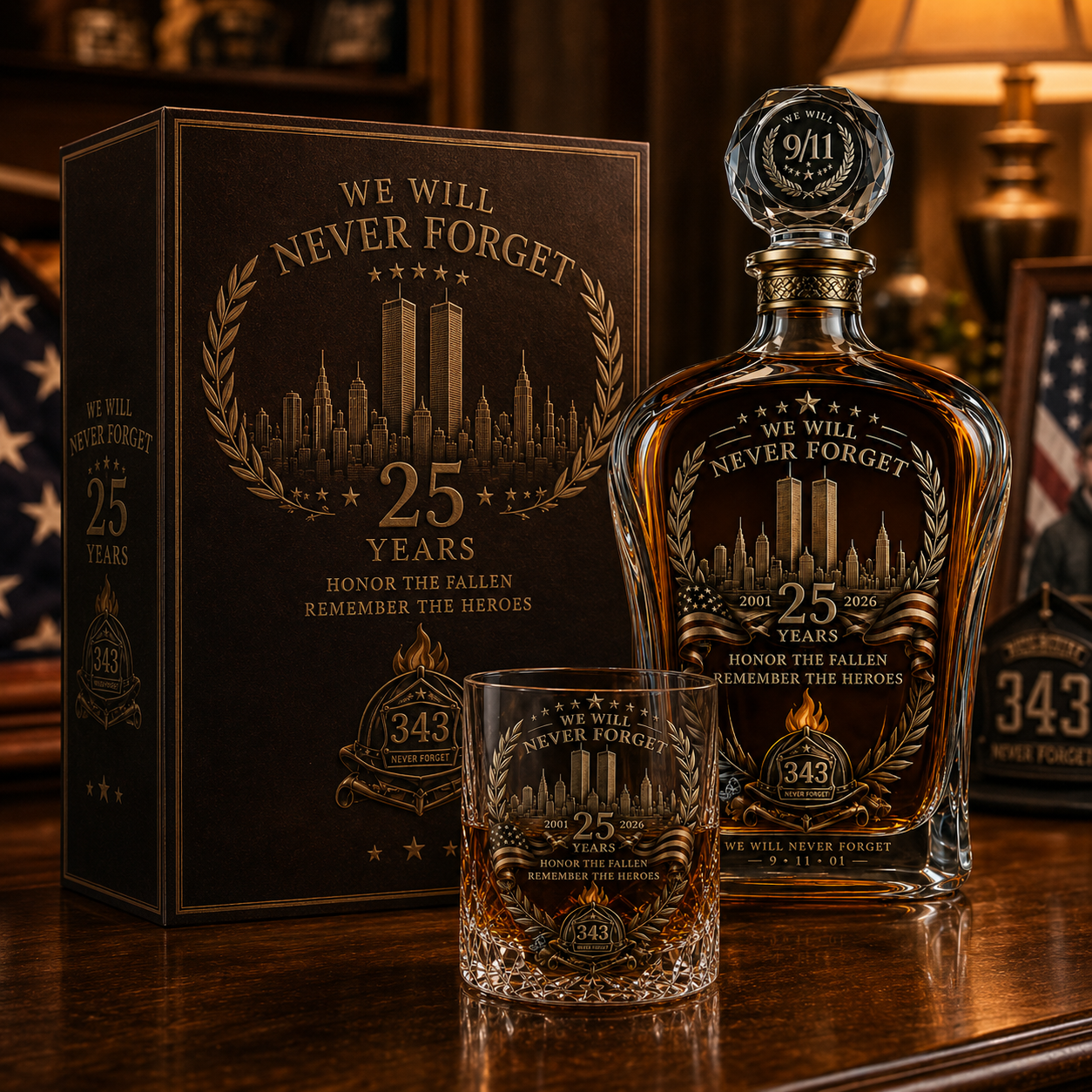 [Copy]🕯️ 9/11 25th Anniversary Memorial Whiskey Decanter & Glass Gift Set – We Will Never Forget 343 Heroes Tribute