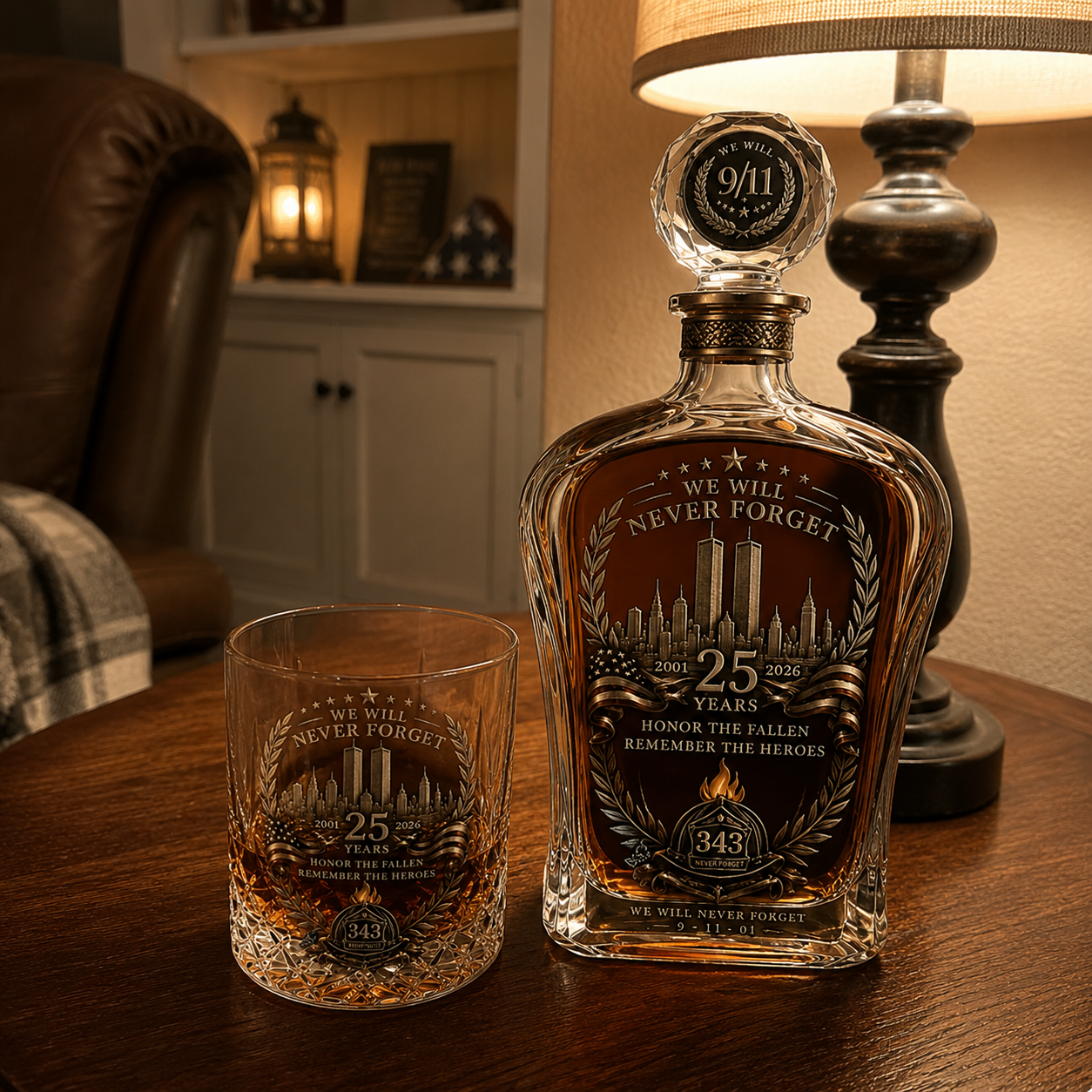 [Copy]🕯️ 9/11 25th Anniversary Memorial Whiskey Decanter & Glass Gift Set – We Will Never Forget 343 Heroes Tribute