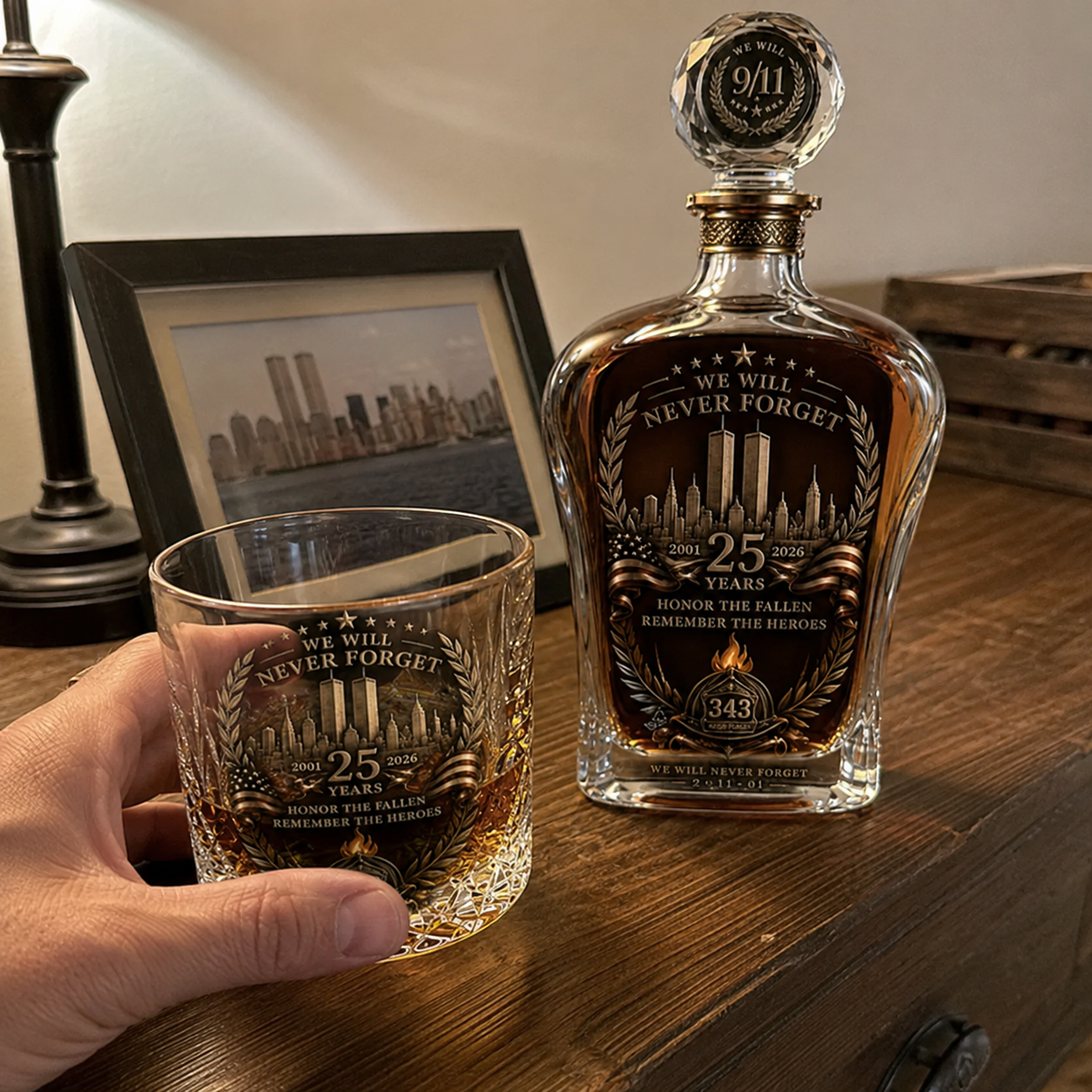 [Copy]🕯️ 9/11 25th Anniversary Memorial Whiskey Decanter & Glass Gift Set – We Will Never Forget 343 Heroes Tribute