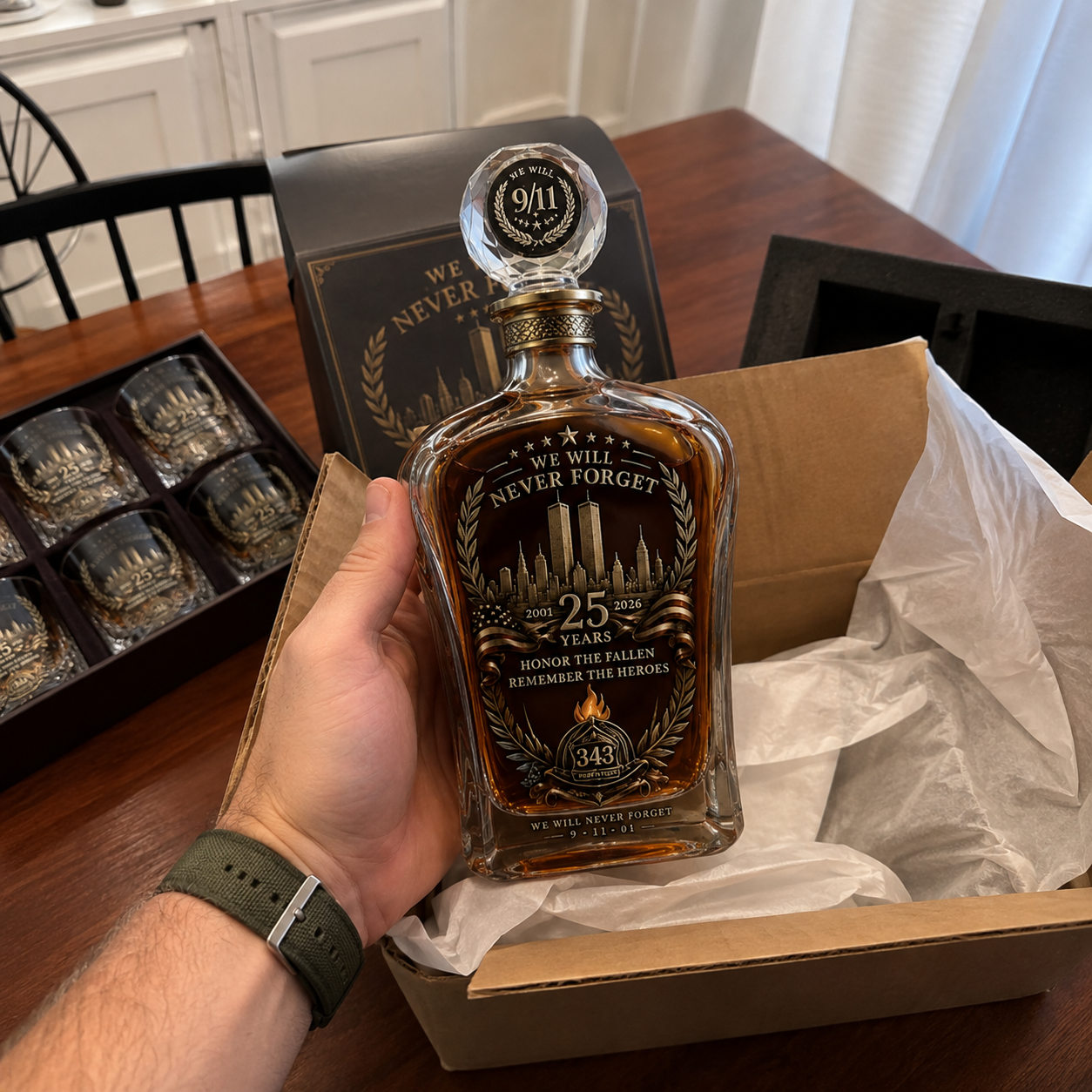 [Copy]🕯️ 9/11 25th Anniversary Memorial Whiskey Decanter & Glass Gift Set – We Will Never Forget 343 Heroes Tribute