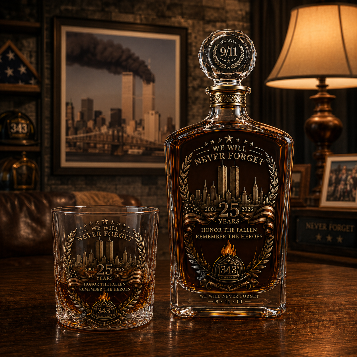 [Copy]🕯️ 9/11 25th Anniversary Memorial Whiskey Decanter & Glass Gift Set – We Will Never Forget 343 Heroes Tribute