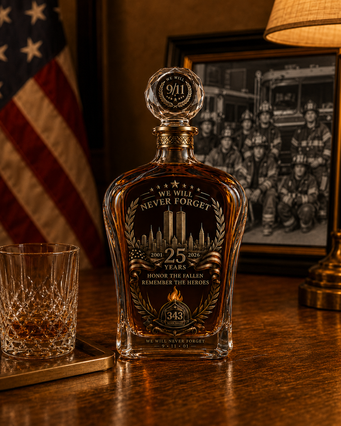 [Copy]🕯️ 9/11 25th Anniversary Memorial Whiskey Decanter & Glass Gift Set – We Will Never Forget 343 Heroes Tribute