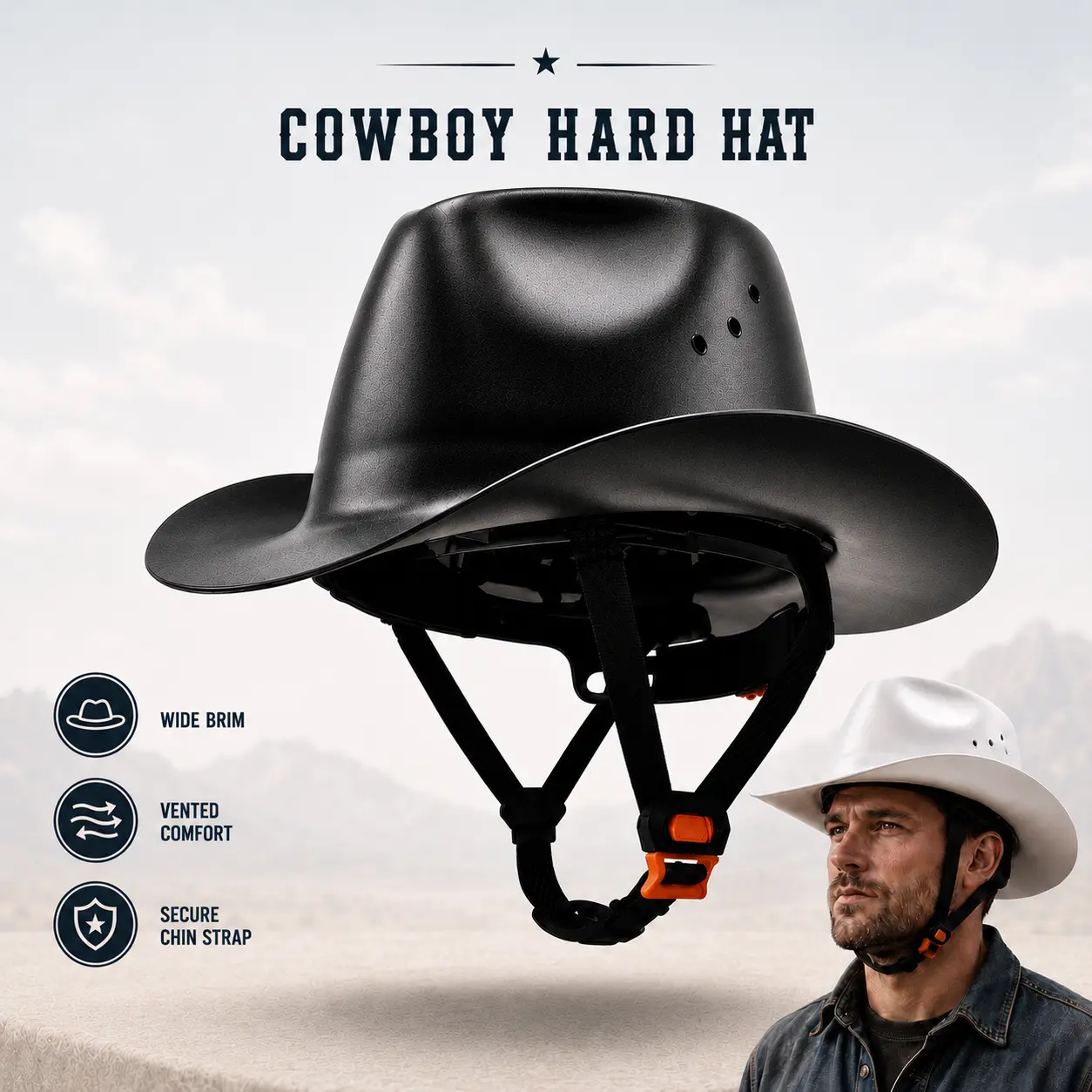 Cartivoe™ Western Cowboy-Style Hard Hat – Wide-Brim Vented Work Helmet with Adjustable Suspension & Chin Strap 🤠