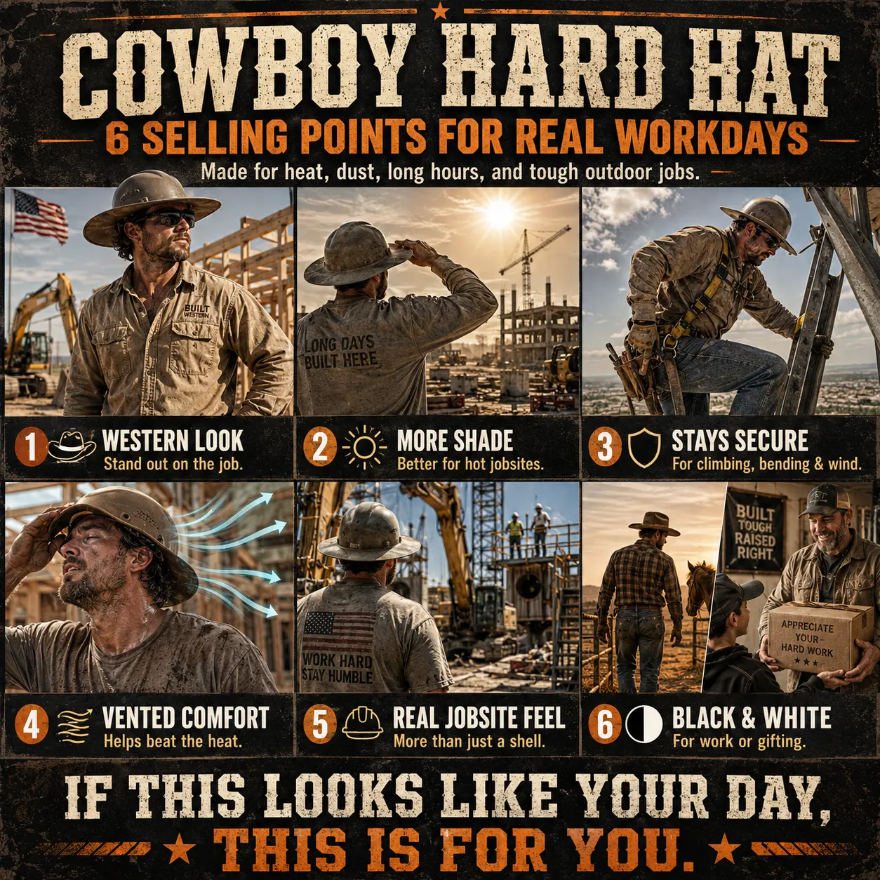 Cartivoe™ Western Cowboy-Style Hard Hat – Wide-Brim Vented Work Helmet with Adjustable Suspension & Chin Strap 🤠