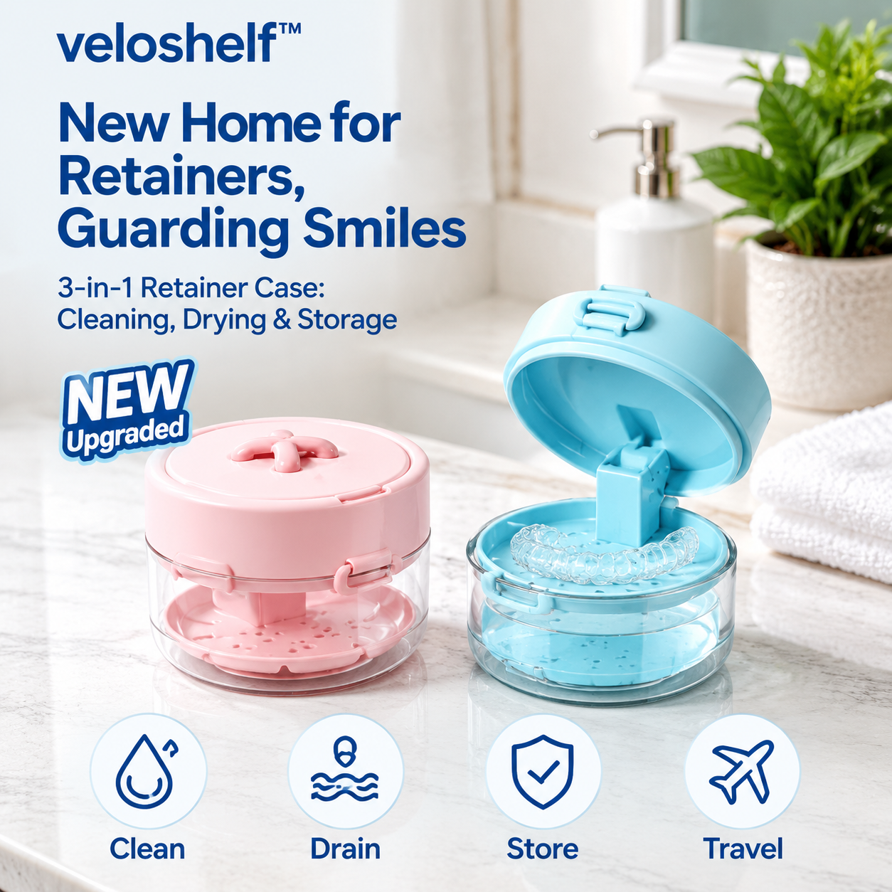 Veloshelf™4-in-1 Retainer Cleaning & Travel Case – Soaking Container with Drain Tray, Mirror & Brush for Aligners, Dentures & Mouthguards 🦷