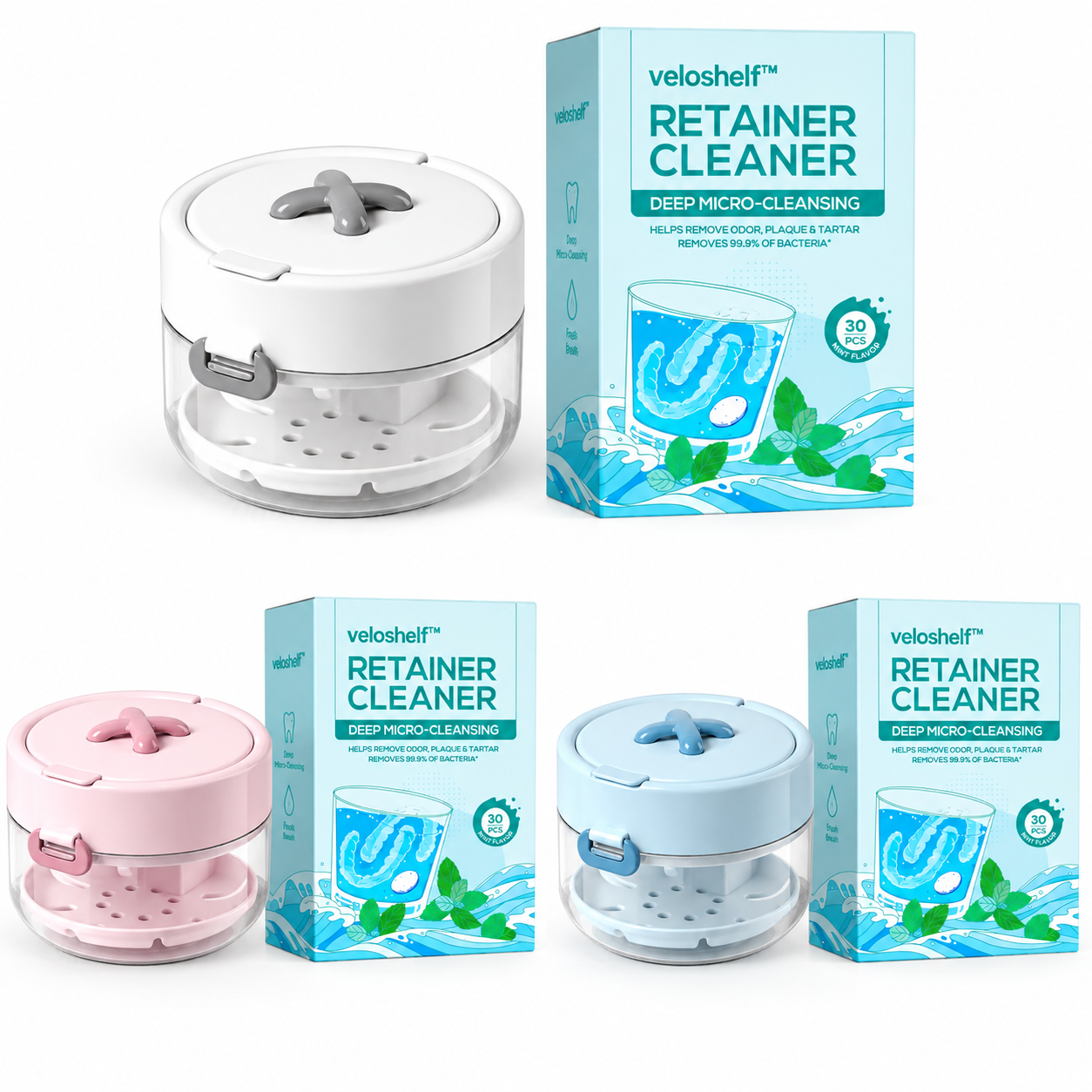 Veloshelf™4-in-1 Retainer Cleaning & Travel Case – Soaking Container with Drain Tray, Mirror & Brush for Aligners, Dentures & Mouthguards 🦷