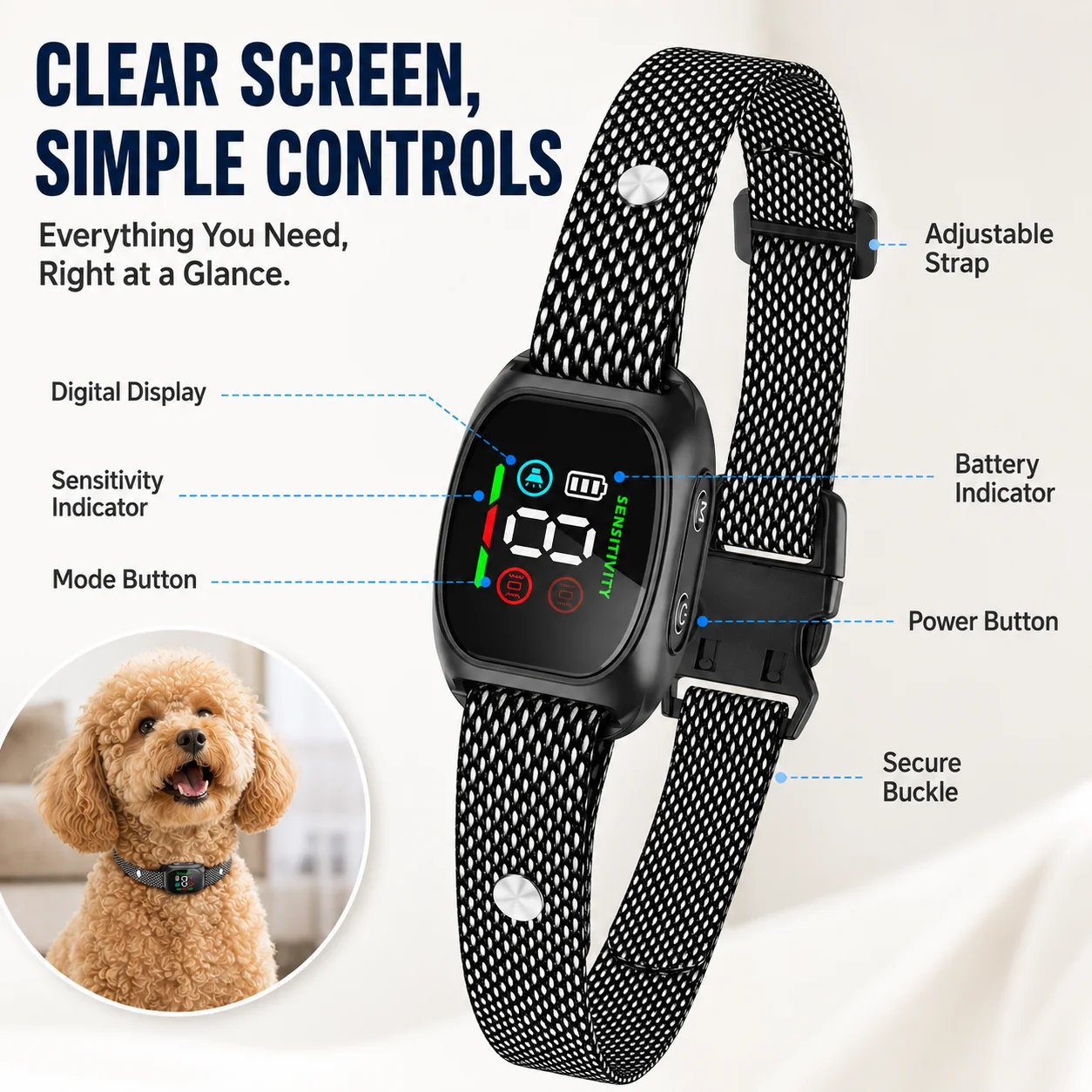 Four dog training modes with eight sensitivity levels