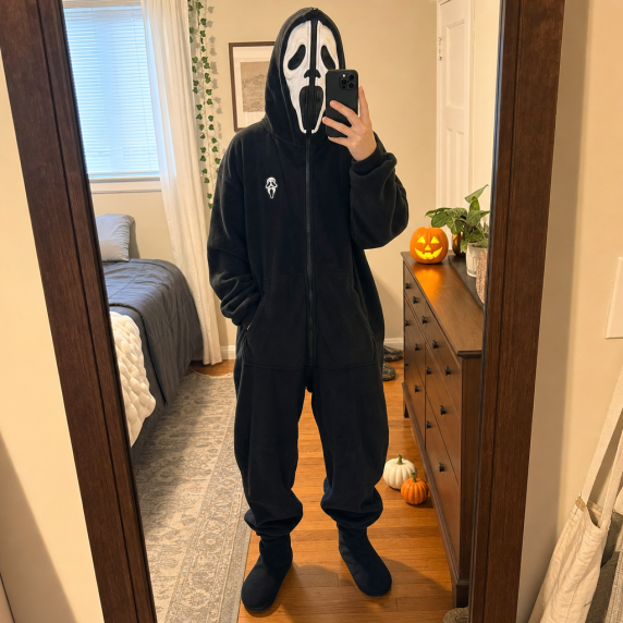 Customer wearing horror onesie