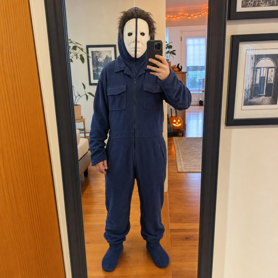 Customer wearing spooky Halloween outfit