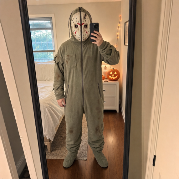Customer wearing cozy horror outfit