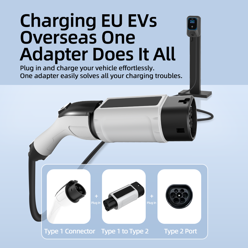 Type 1 to Type 2 EV Charging Adapter, 220V, AC Slow Charging, Plug-and-Play, Portable