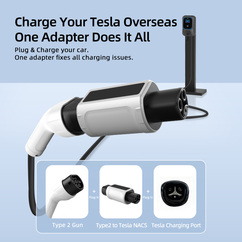 Type 2 to NACS EV Charging Adapter, 220V, AC Slow Charging, Plug-and-Play, Portable