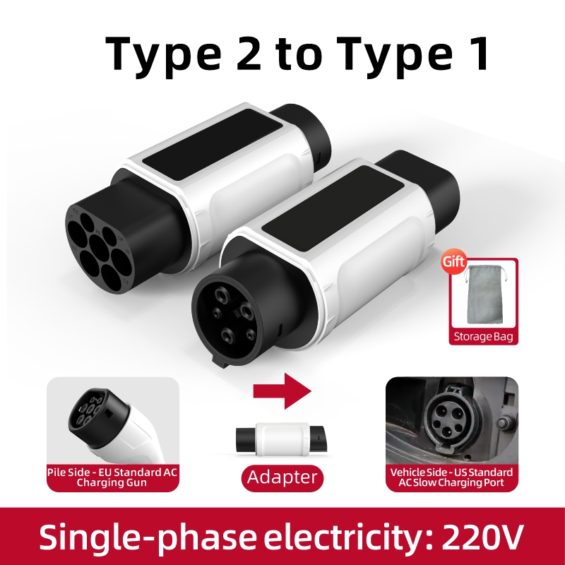 Type 2 to Type 1 EV Charging Adapter, 220V, AC Slow Charging, Plug-and-Play, Portable
