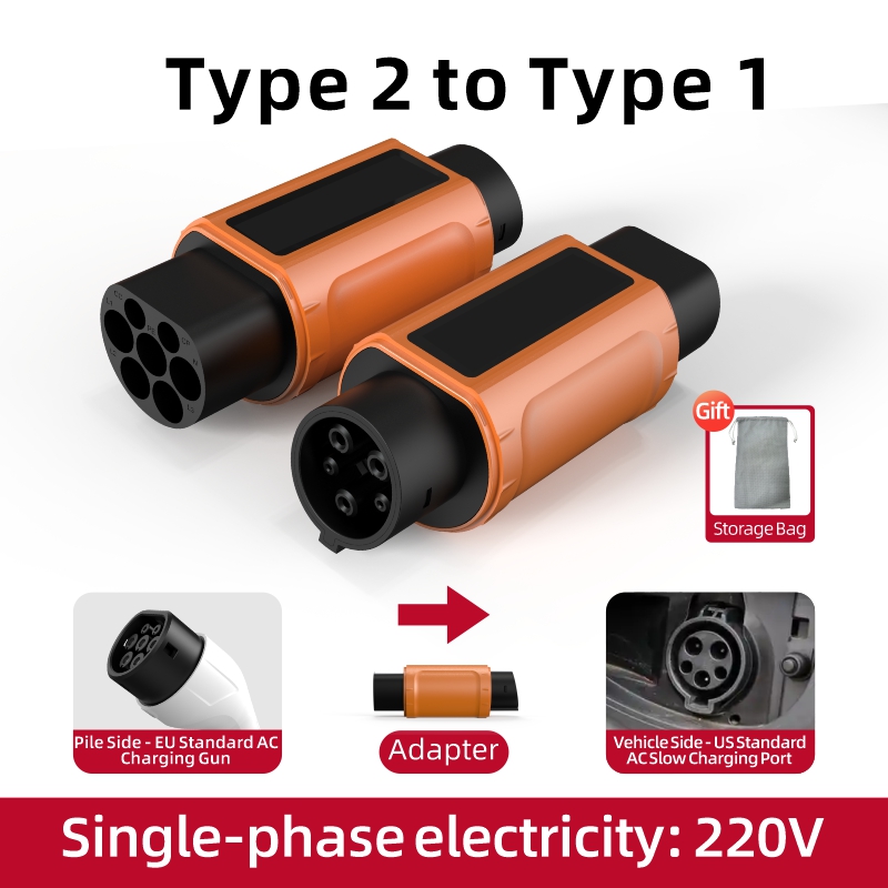 Type 2 to Type 1 EV Charging Adapter, 220V, AC Slow Charging, Plug-and-Play, Portable