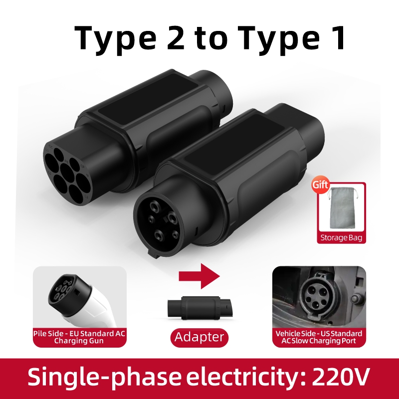 Type 2 to Type 1 EV Charging Adapter, 220V, AC Slow Charging, Plug-and-Play, Portable