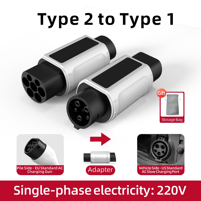 Type 2 to Type 1 EV Charging Adapter, 220V, AC Slow Charging, Plug-and-Play, Portable