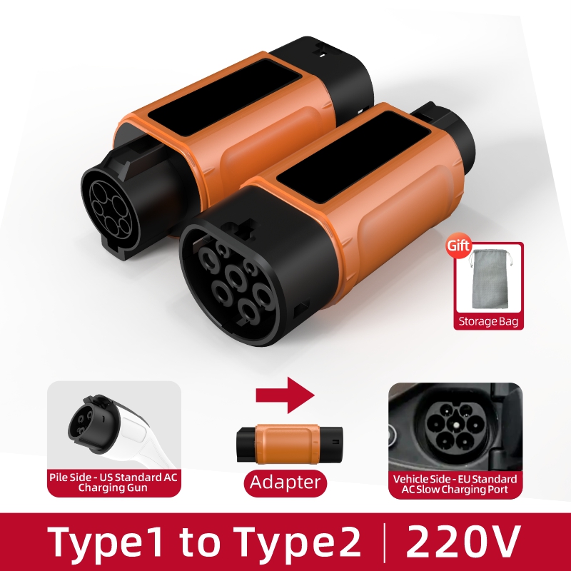Type 1 to Type 2 EV Charging Adapter, 220V, AC Slow Charging, Plug-and-Play, Portable