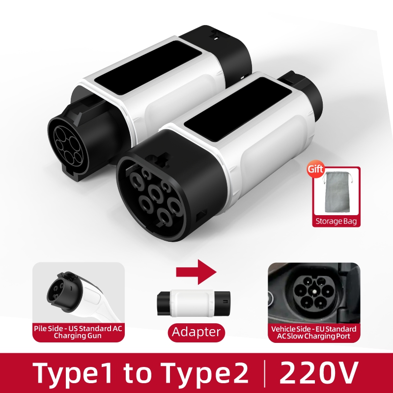 Type 1 to Type 2 EV Charging Adapter, 220V, AC Slow Charging, Plug-and-Play, Portable
