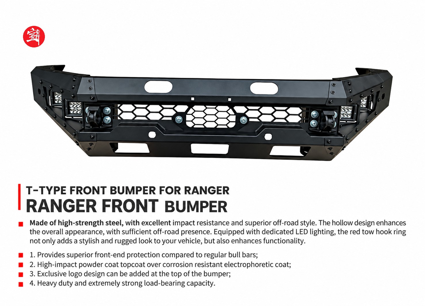 Heavy-Duty Ranger Front Bumper, High-Strength Steel, LED Lights, Off-Road Protection, Powder-Coated Finish