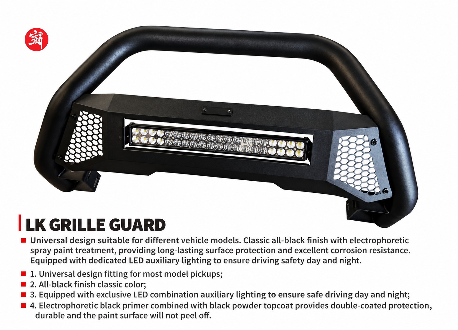 LK Grille Guard for Pickup Trucks, All-Black Steel, LED Auxiliary Lighting, Corrosion Resistant Coating
