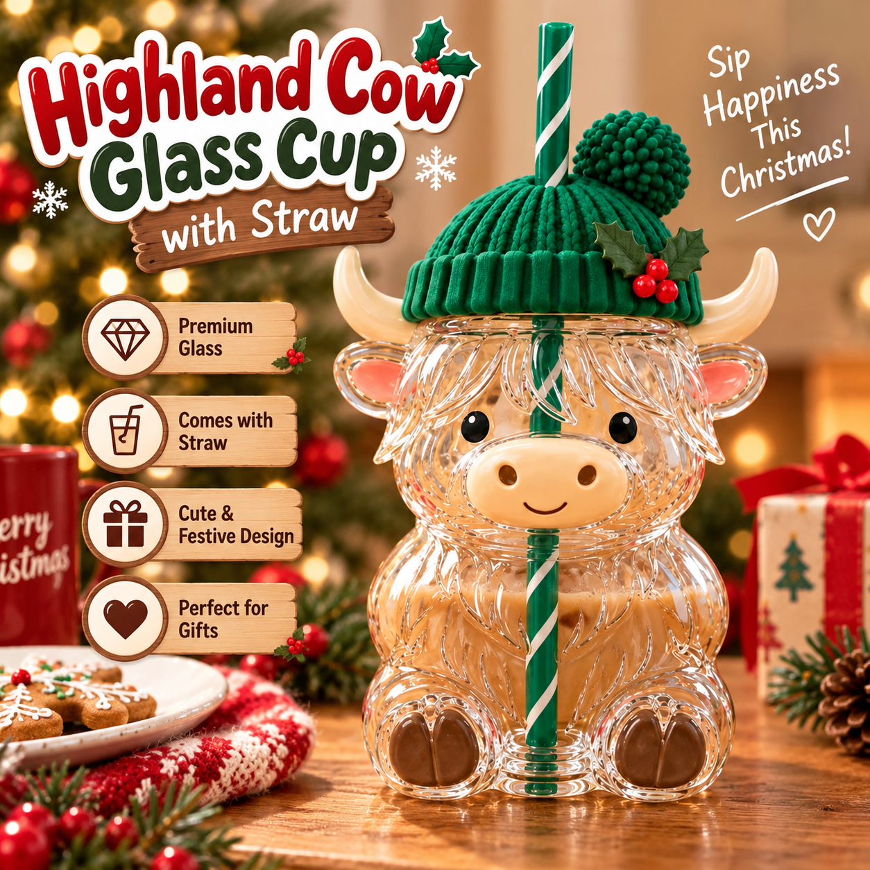 ❤️ Highland Cow Christmas Glass Cup with Straw – Cute Holiday Tumbler Gift