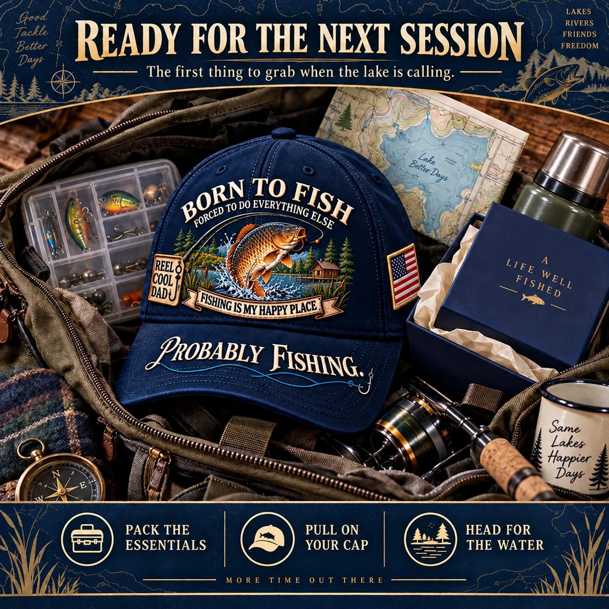 🔥 LAST DAY 70% OFF -🎣 Born To Fish “Probably Fishing” USA Angler Tribute Cap  | Cotton-Poly Blend • Detailed Embroidery • Adjustable Fit