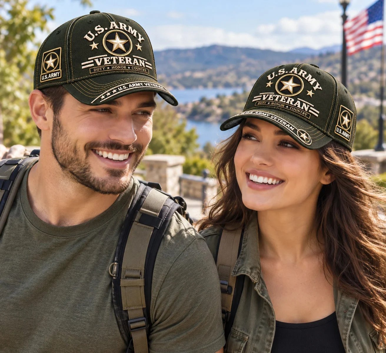 A man and a woman wearing matching veteran caps