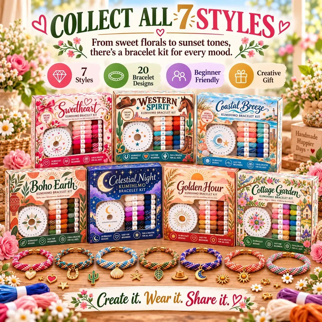 Seven Kumihimo bracelet themes