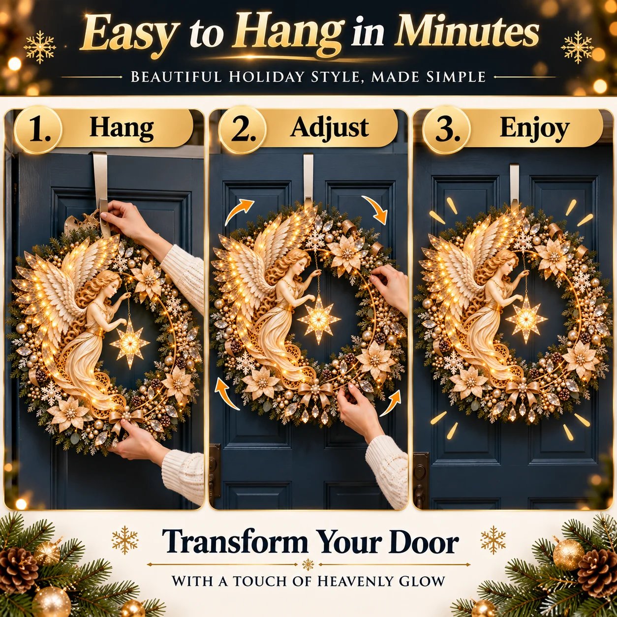 Angel Christmas wreath displayed in several holiday decorating spaces