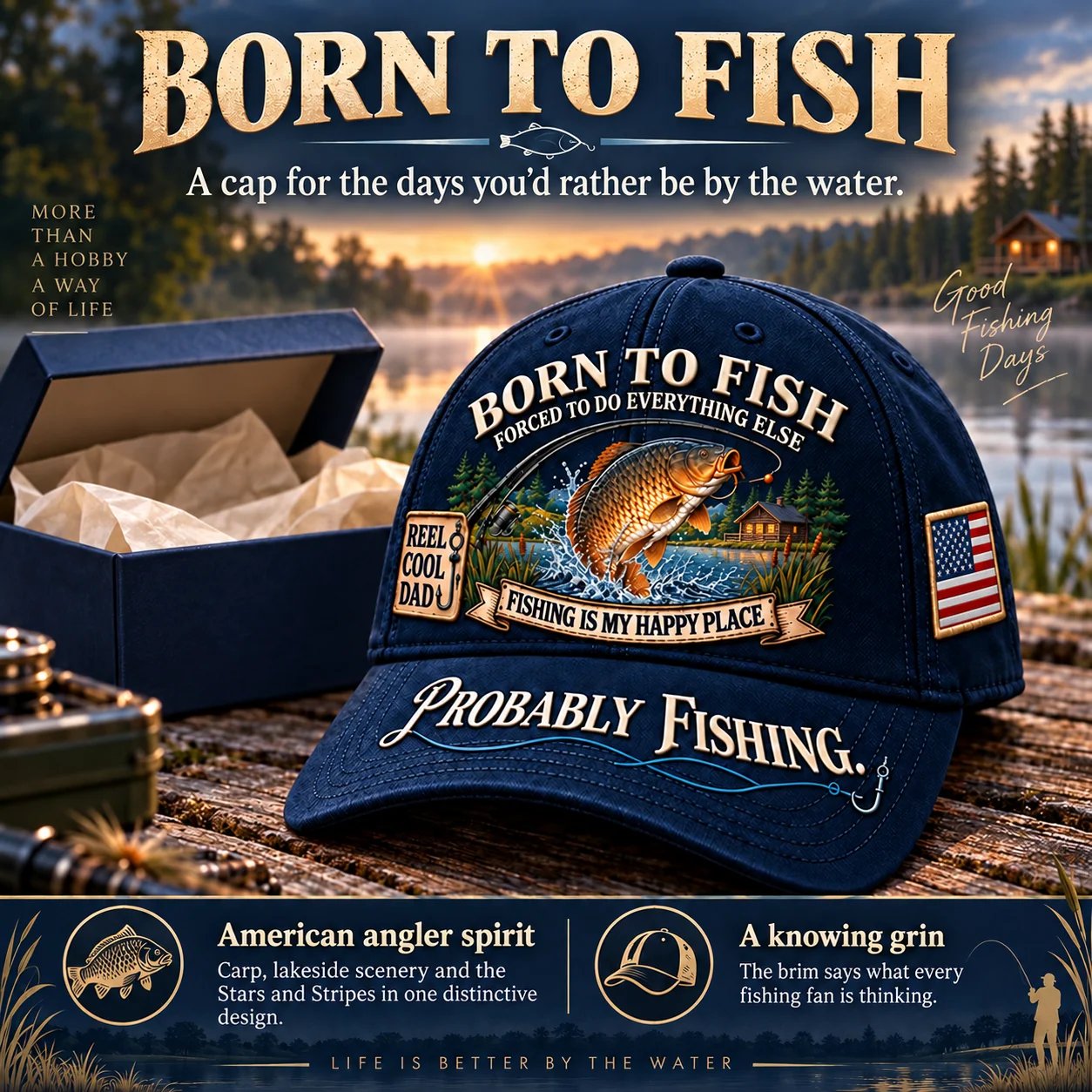 🔥 LAST DAY 70% OFF -🎣 Born To Fish “Probably Fishing” USA Angler Tribute Cap  | Cotton-Poly Blend • Detailed Embroidery • Adjustable Fit